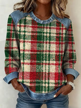 Sweat-shirt à col en jean à carreaux de Noël pour femmes